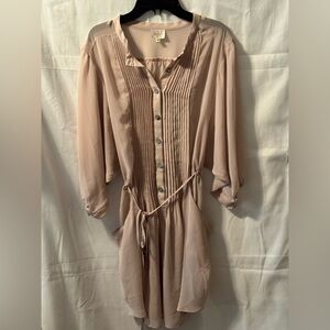 Yahada Sheer Soft Pink long sleeve button up babydoll tunic dress size M